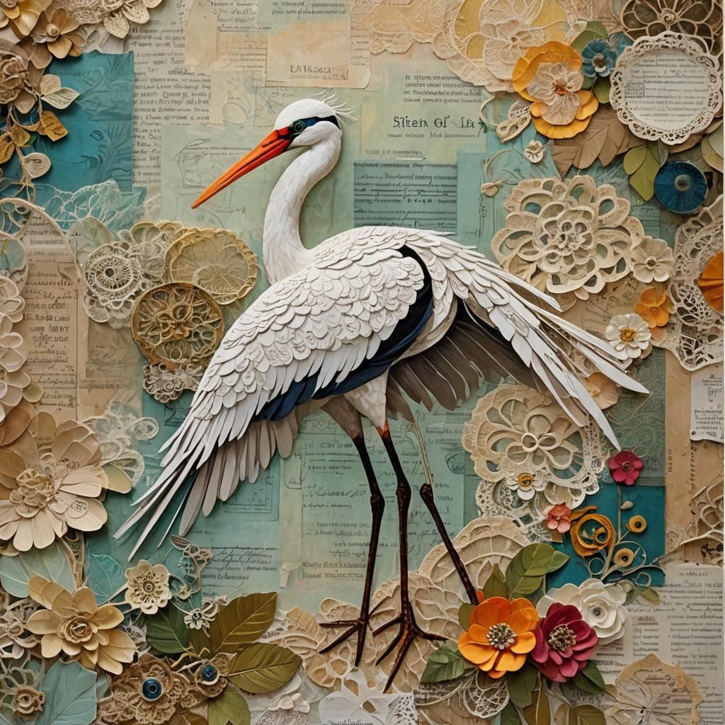 Stork as Mixed Media Paper Collage Painting