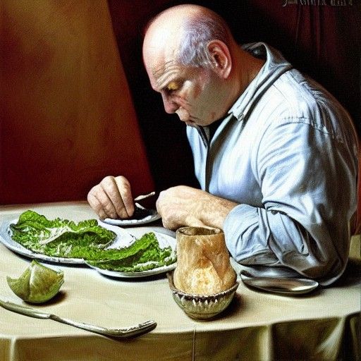 Julius Caesar Eating Caesar Salad: Oil Painting