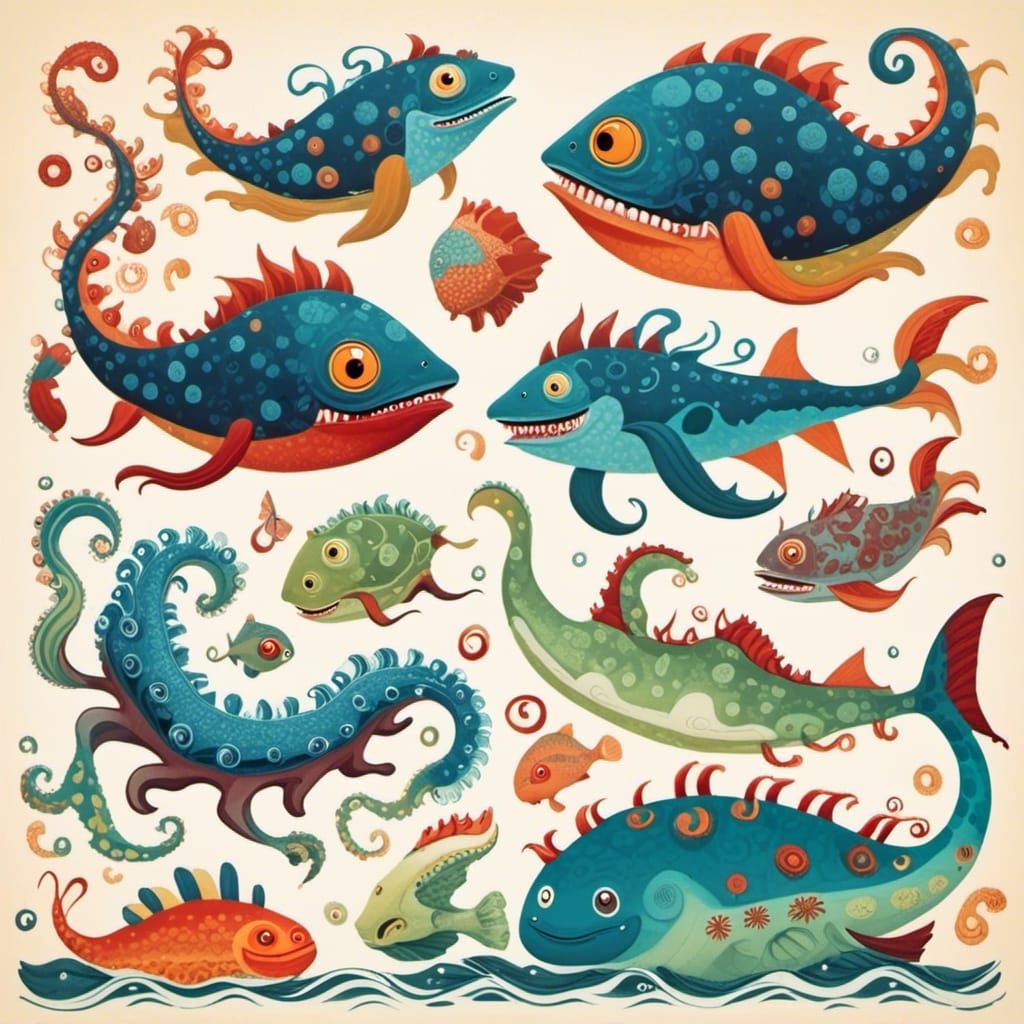 Colorful Sea Monsters in a Whimsical Style