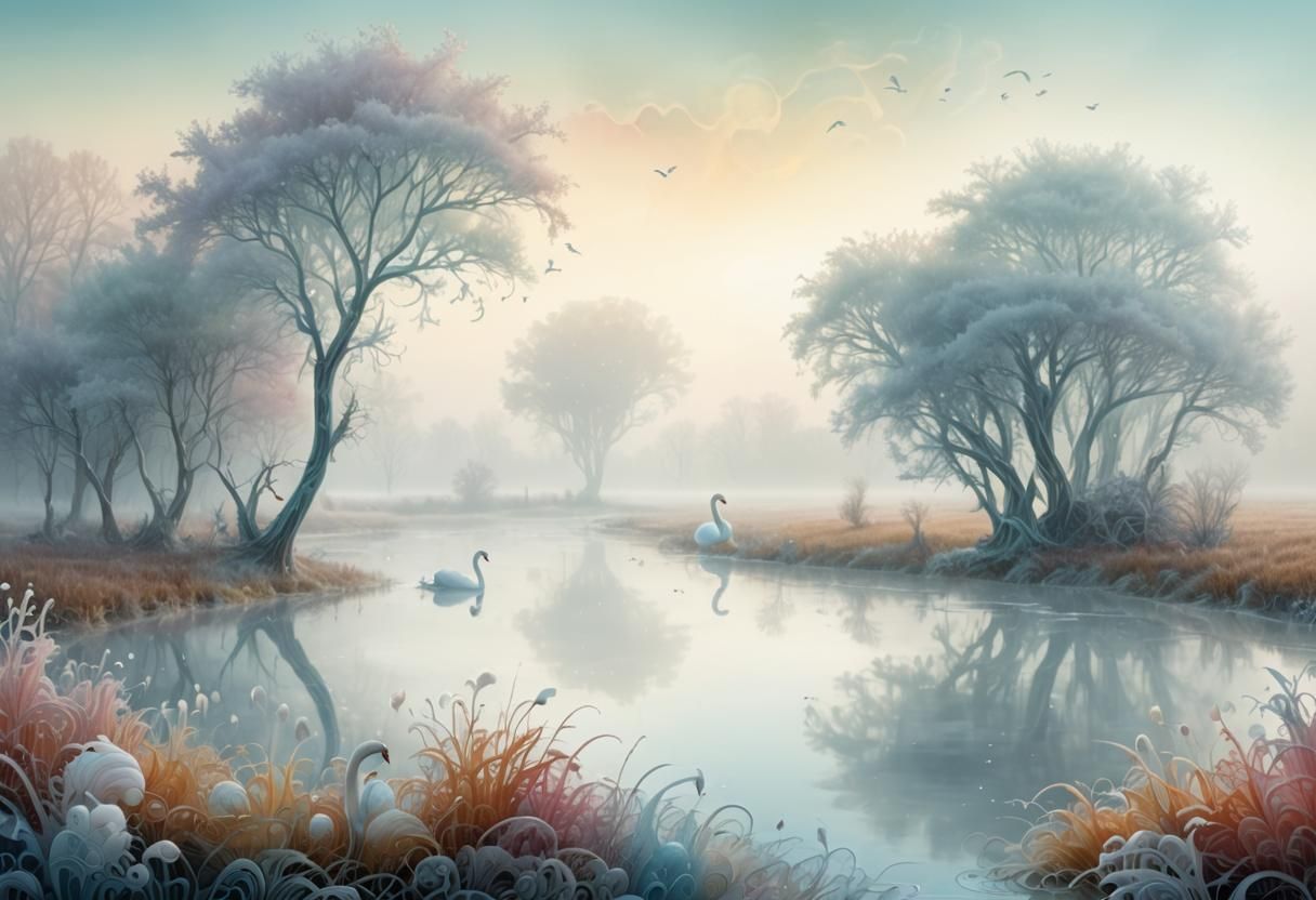 Swans in Frozen Landscape with Abstract Fractal Art