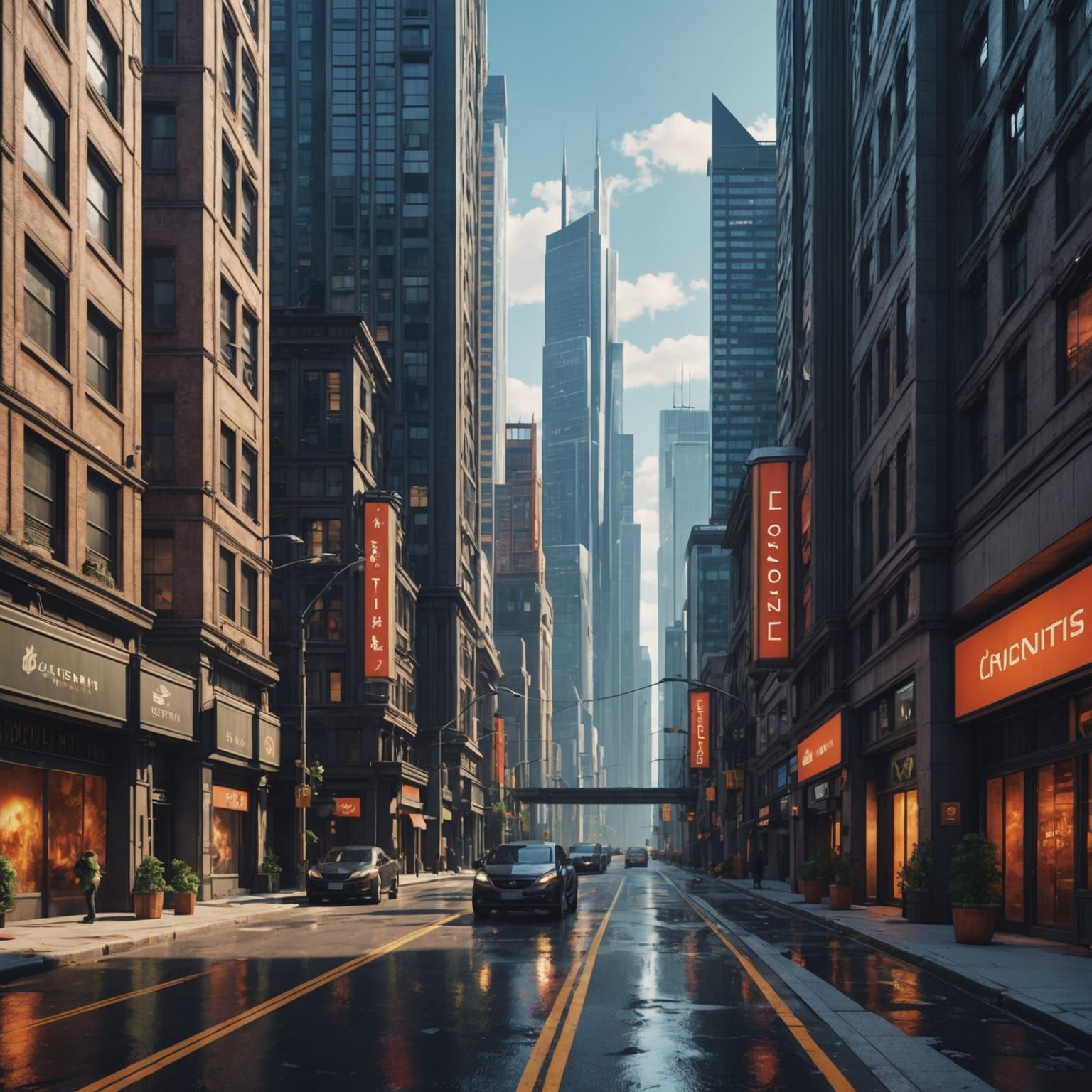 Modern City Streets with Skyscrapers: Detailed Matte Paintin...