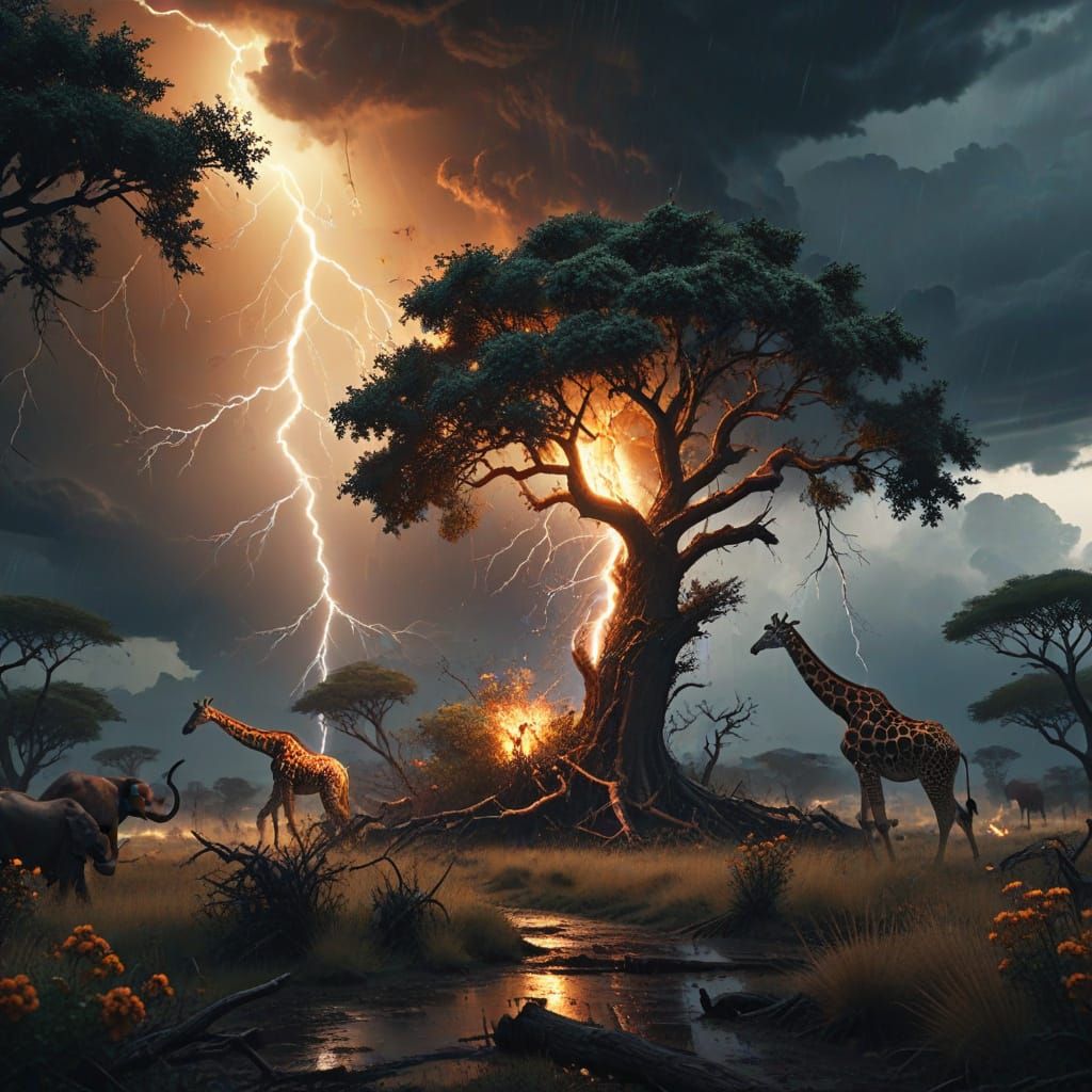 Dramatic Lightning Bolt Strikes Flowering Tree in Raging Sto...