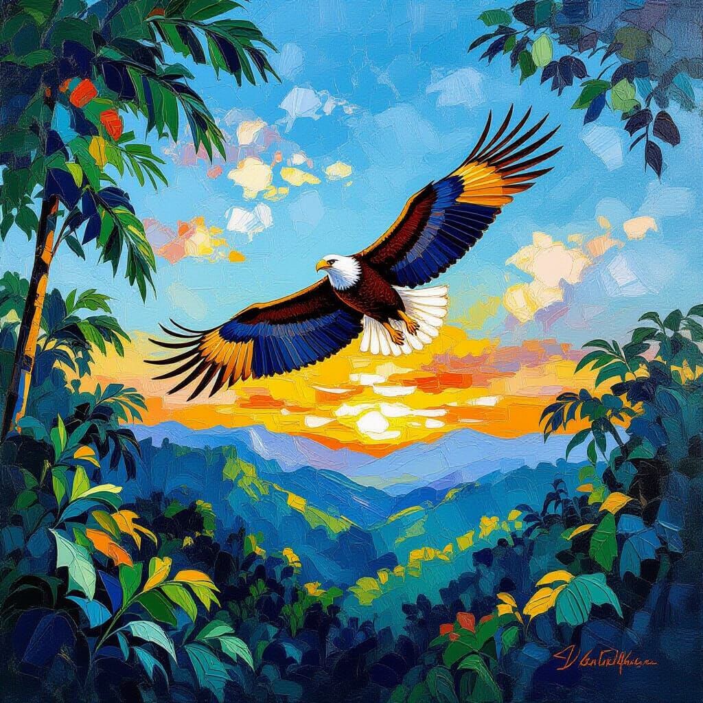 Eagle Soars Over Jungle in Neo-Impressionist Style