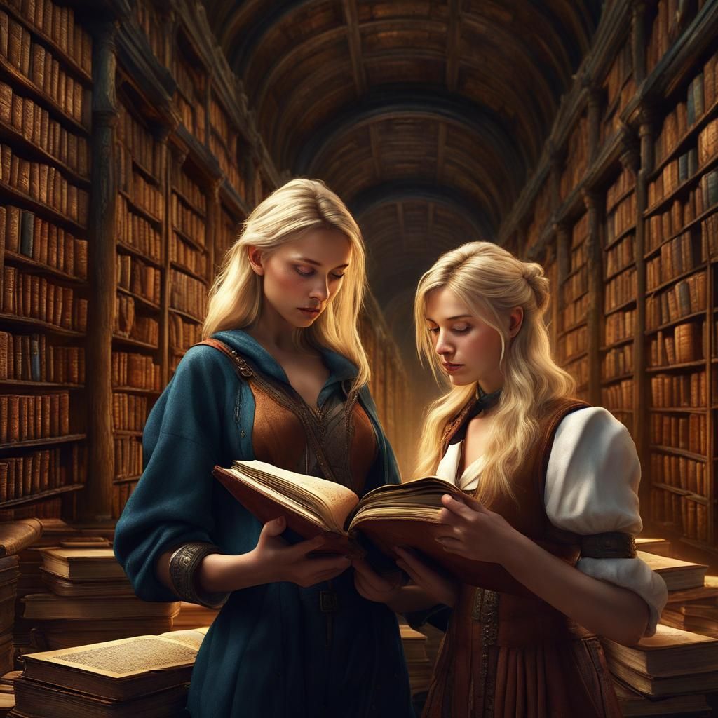 Blonde and Companion Discover Alternate World in Library