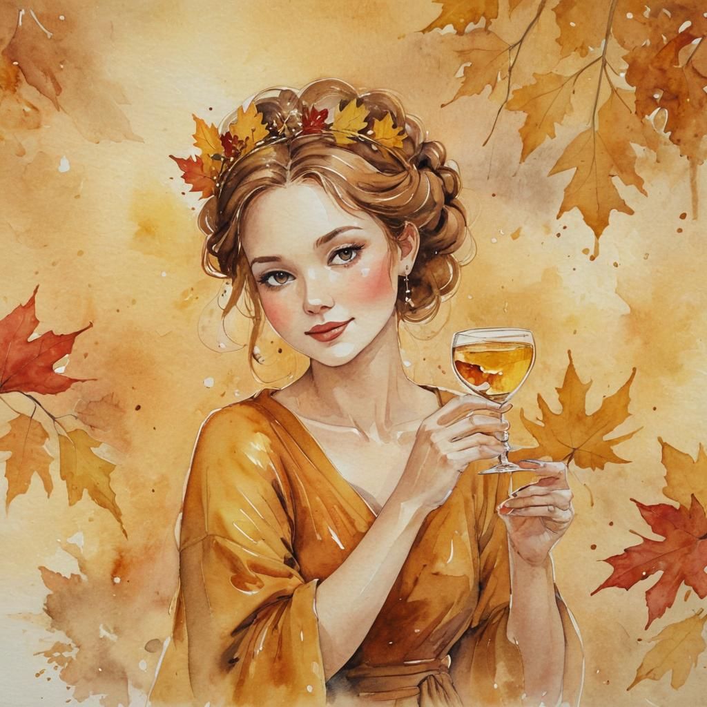 Queen Autumn Sipping Liqueur: Watercolour Illustration