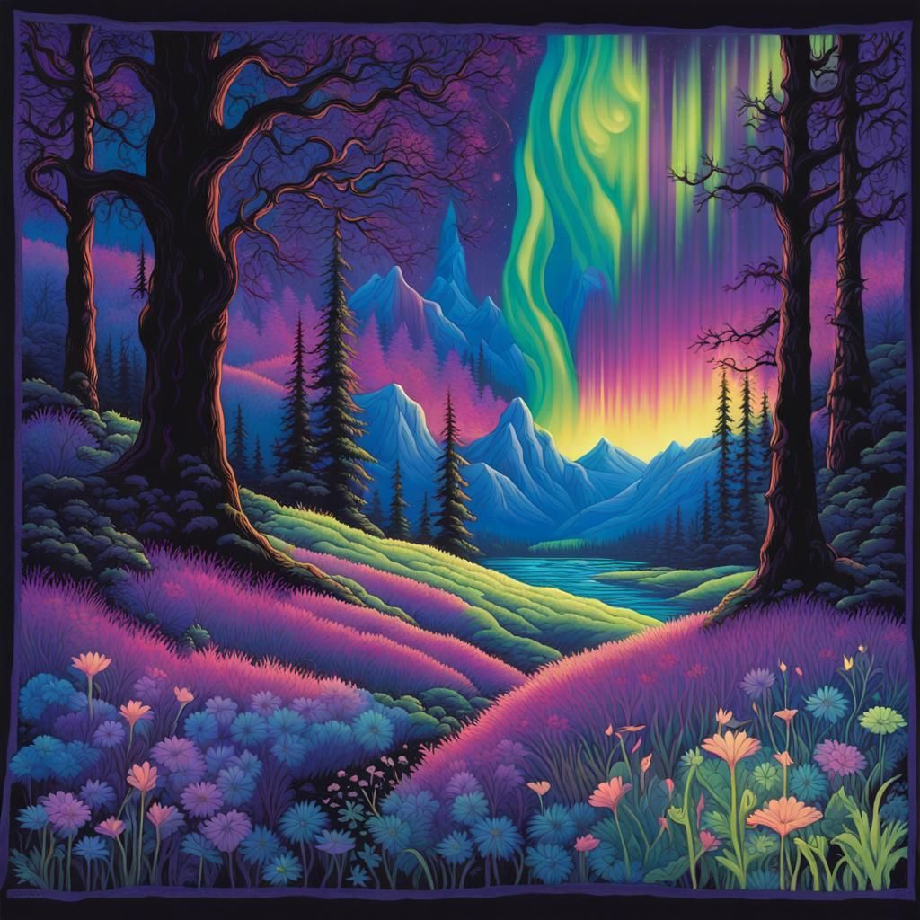 Enchanted Grove's Black Light Tapestry Under Northern Lights