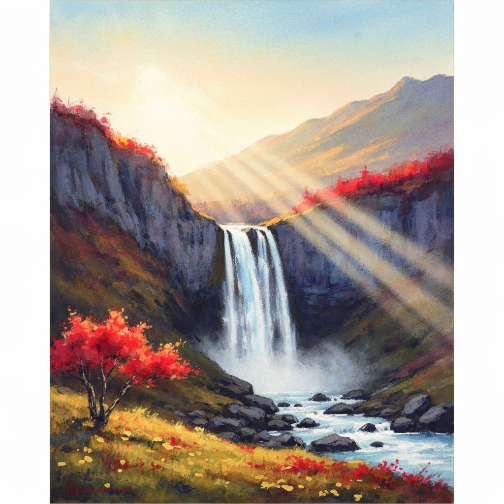 Majestic Autumn Waterfall in Dreamy Impressionistic Style