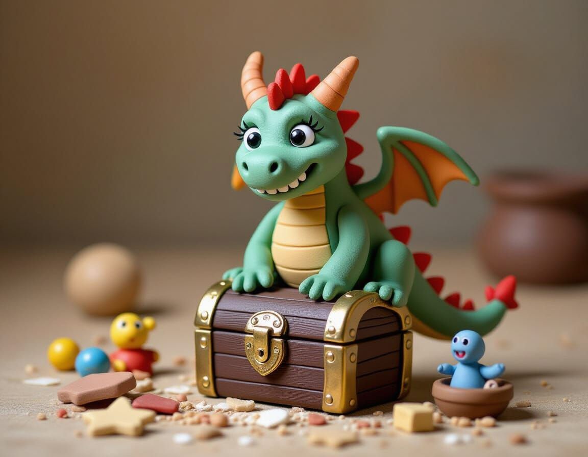 Clay Dragon Guarding Treasure, Playful Handmade Scene