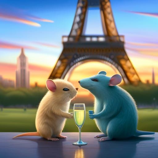 Alien and Rat Celebrate in Paris: 3D Digital Art