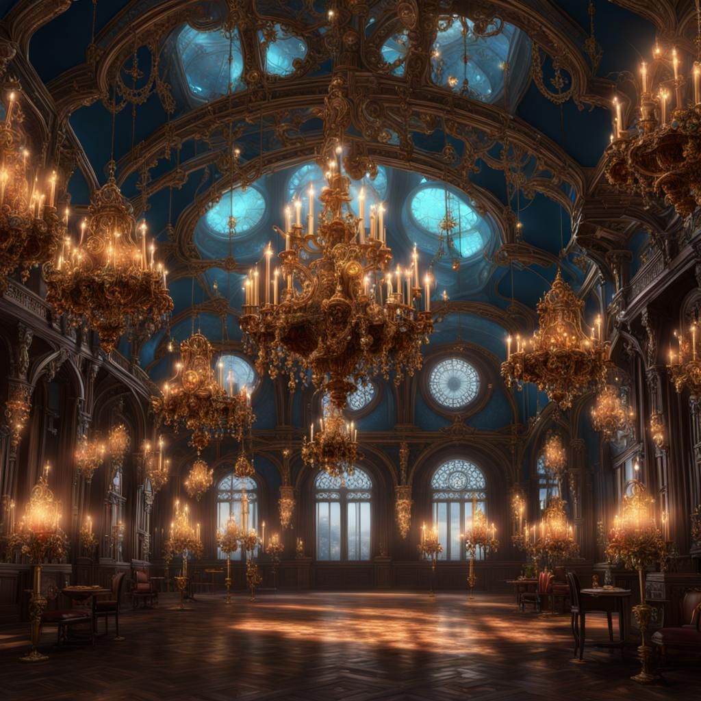 Steampunk Ballroom with Venetian Chandeliers: Detailed Matte...