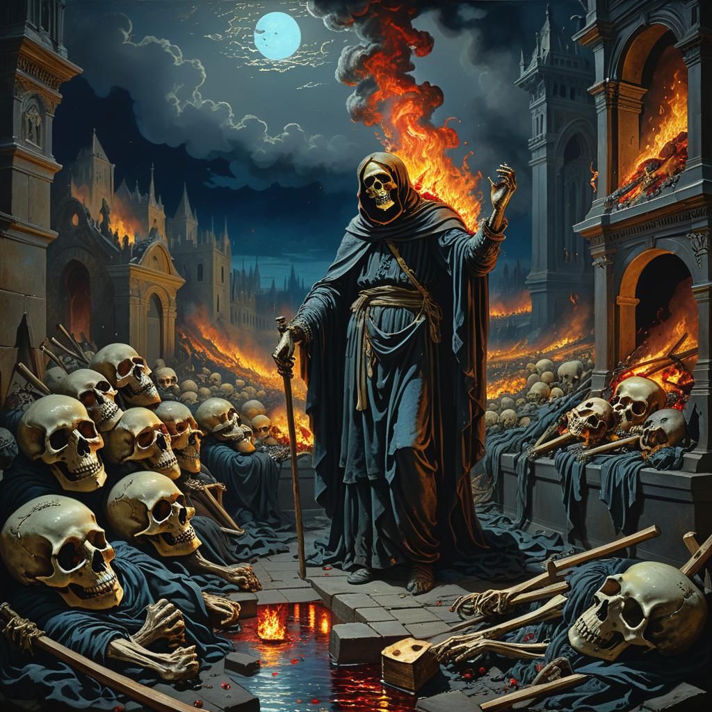 Night Dance of Death Fires: Hyperrealistic Oil on Canvas