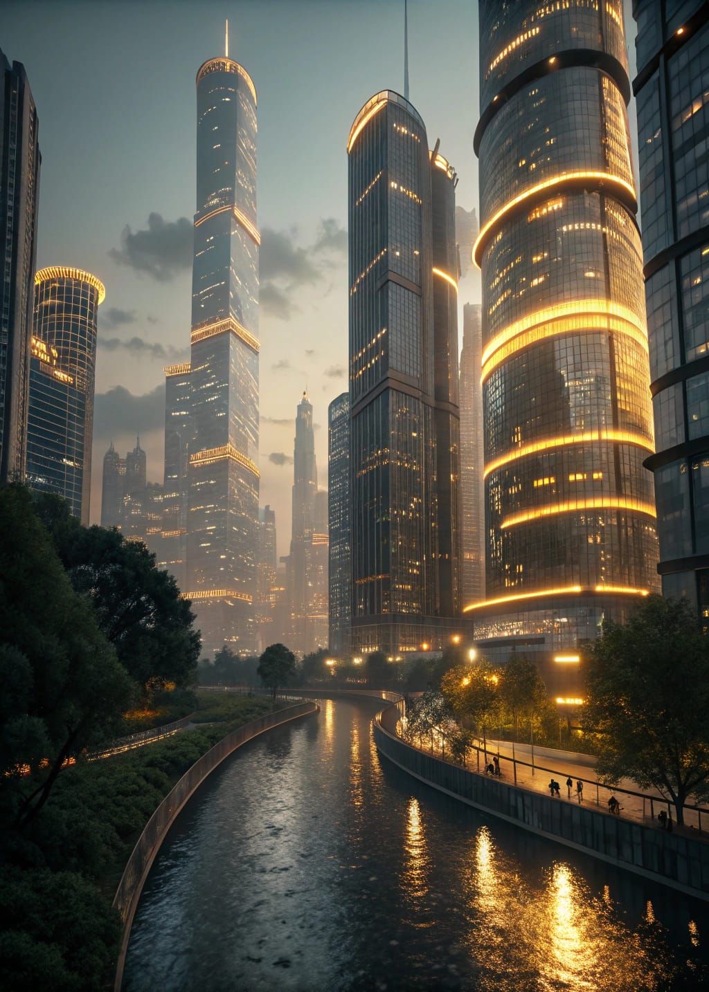 Futuristic Cityscape Reflecting Neon Lights in Space