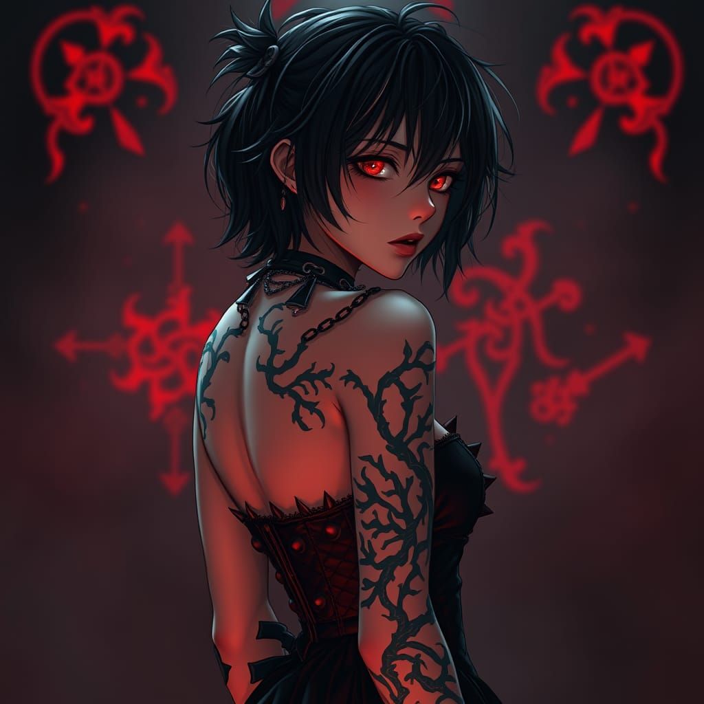 Gothic Anime Goddess with Crimson Eyes and Black Vine Tattoo...