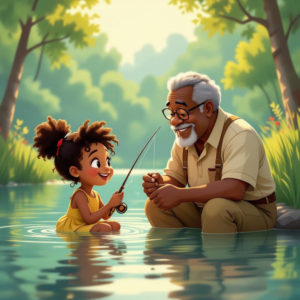 Little Girl and Grandfather Fishing in Peaceful Lake
