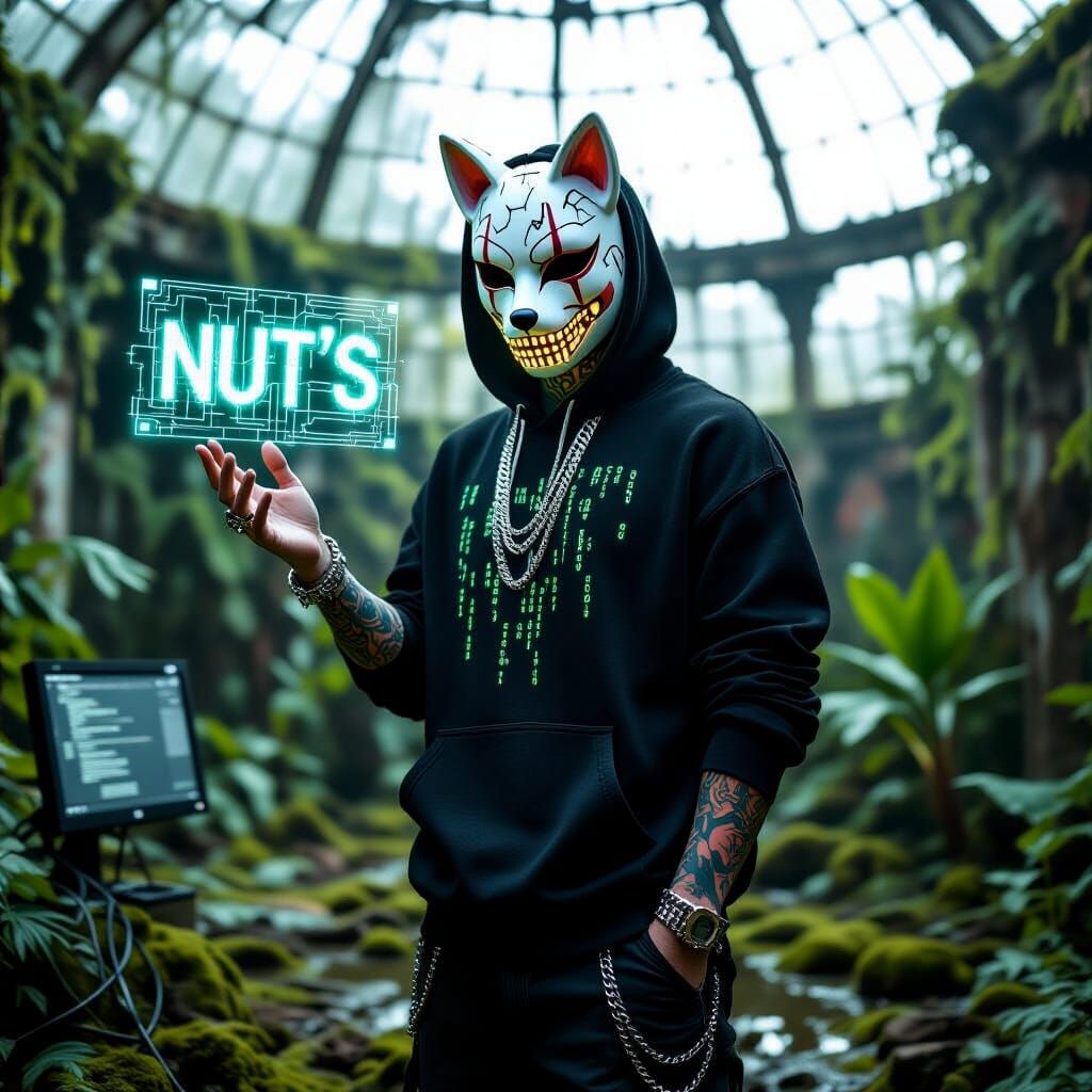 Cyberpunk Artist in Ruined Garden with Glitch Tattoos