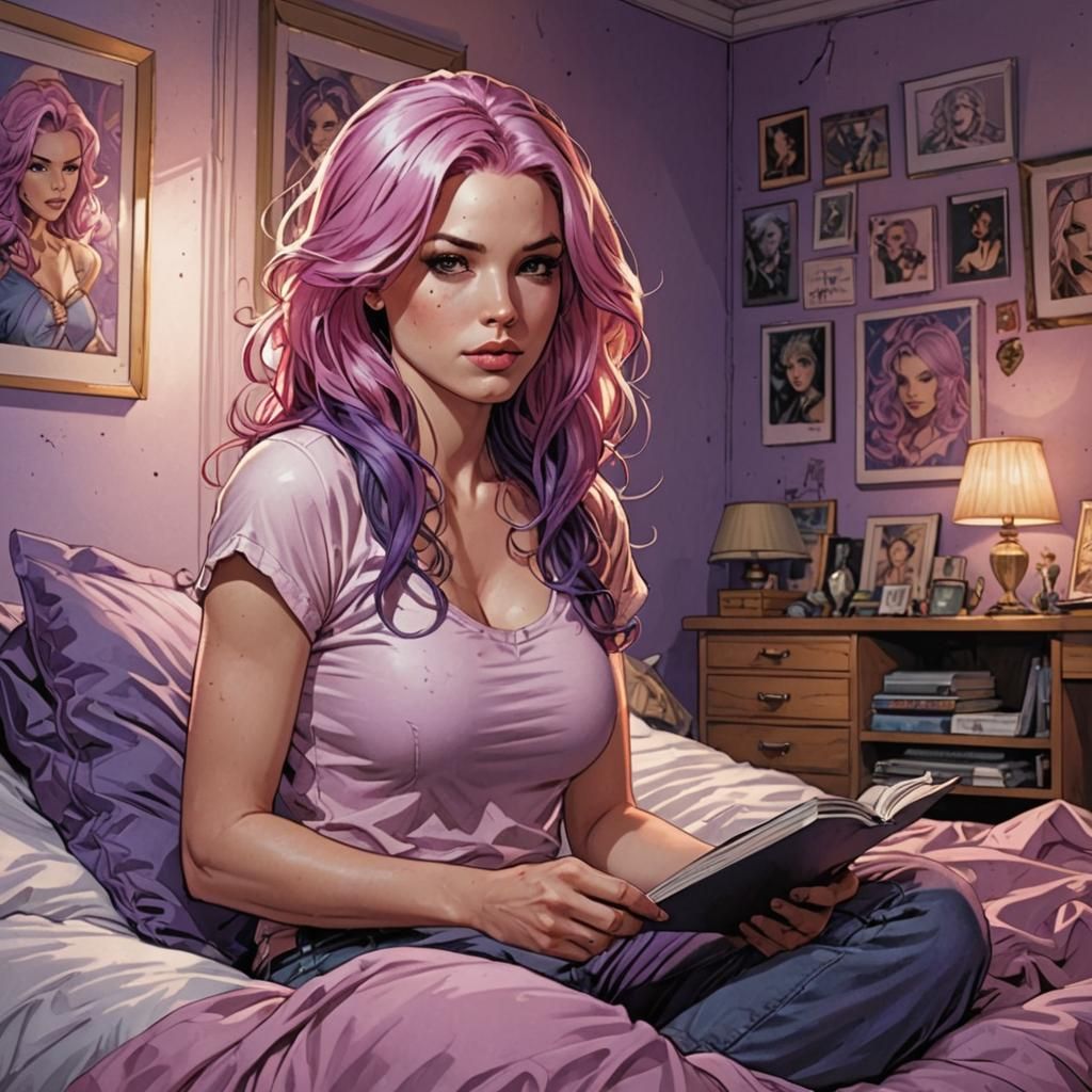 Woman with Pink and Purple Hair in Comic Book Style