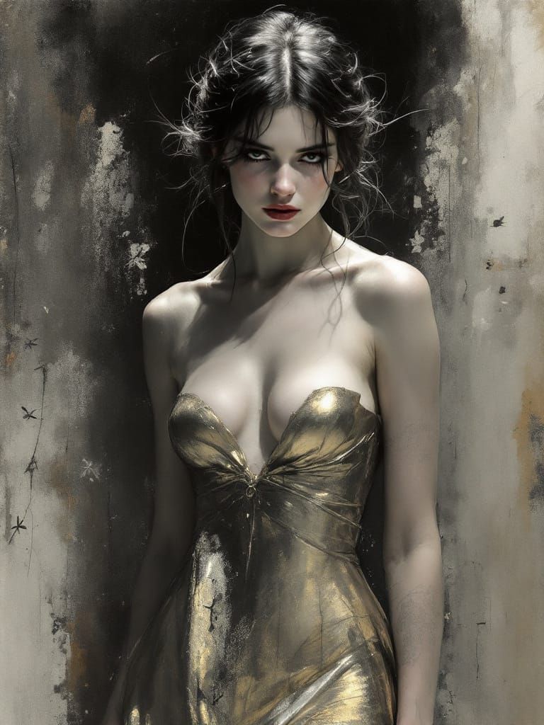 Swedish Pin-Up Woman in Gold Dress, Gothic Romantic Style