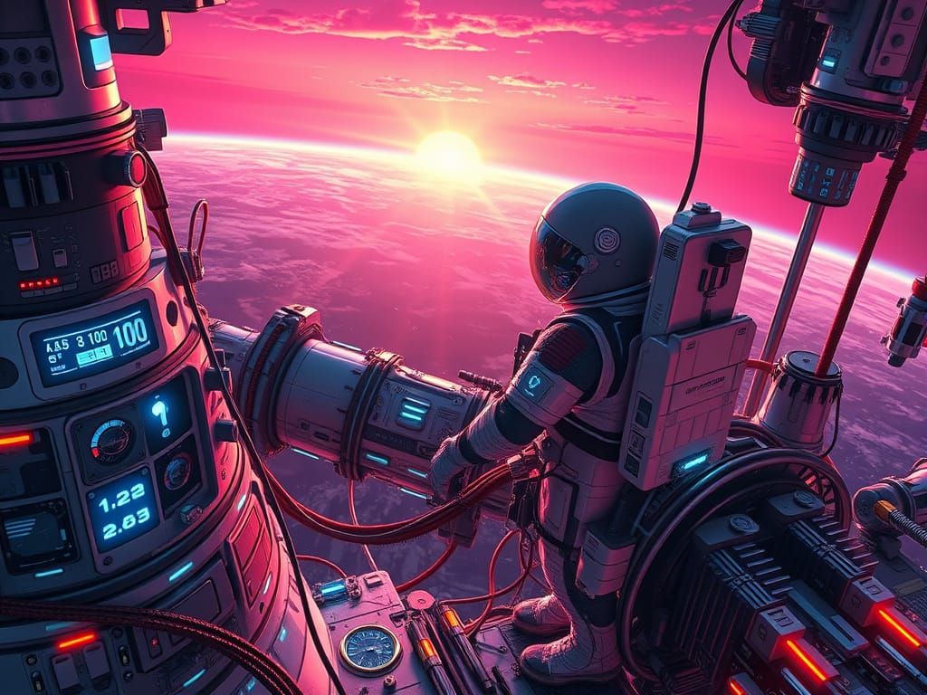 Cosmic Space Station Engineer in a Vibrant, Futuristic Scene