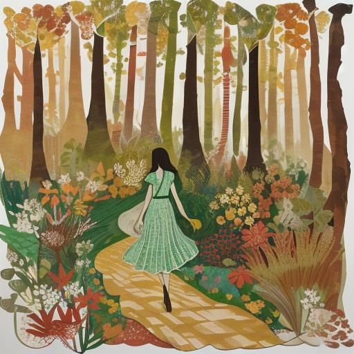 Paper Collage of Woman in Forest, Eric Carle Style