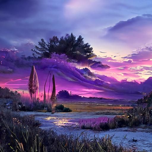Purple Sunset Oil Painting by James Gurney Style