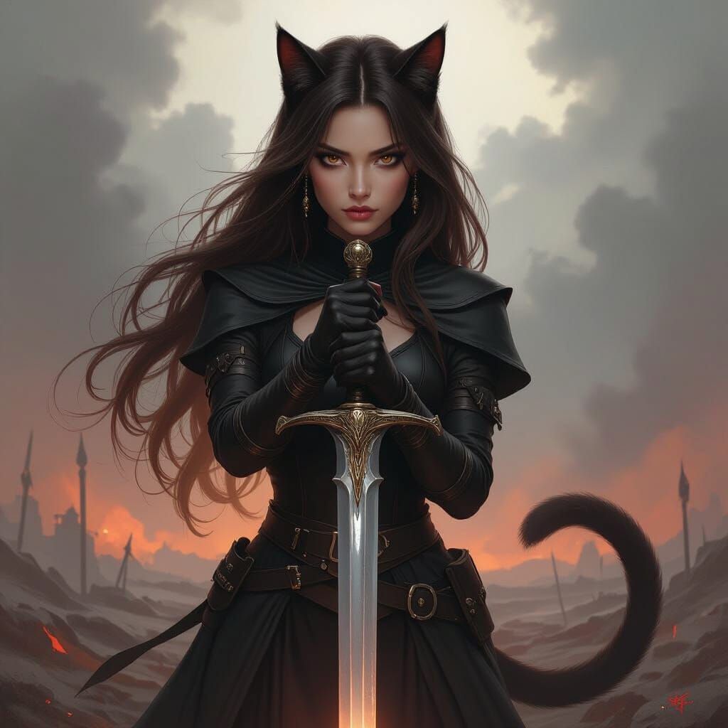 Dark Fantasy Warrior Woman with Cat Ears and Sword