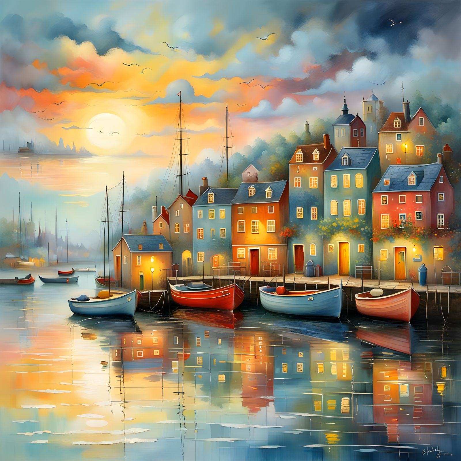 Whimsical Harbor at Dawn in Patchwork Illustration Style