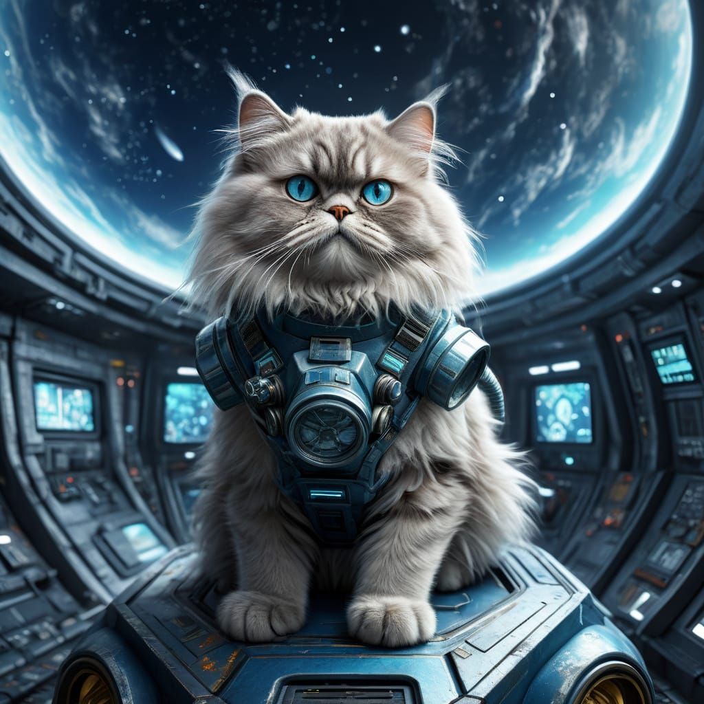 Persian Cat in Futuristic Spaceship, Digital Artwork