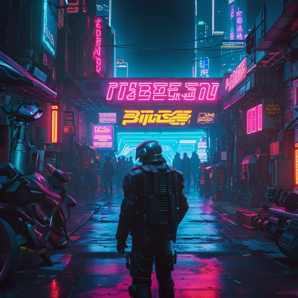 Cyberpunk Cyborg Police in Neon Cityscape