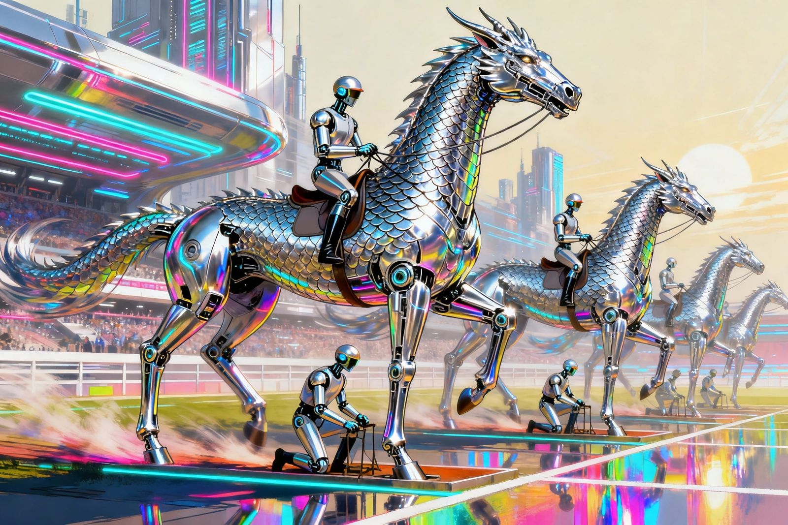 Dragon-Android Horses Race in Futuristic Solarpunk City