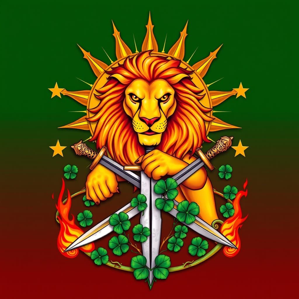 Regal Celtic-Inspired Family Crest with Golden Lion and Risi...