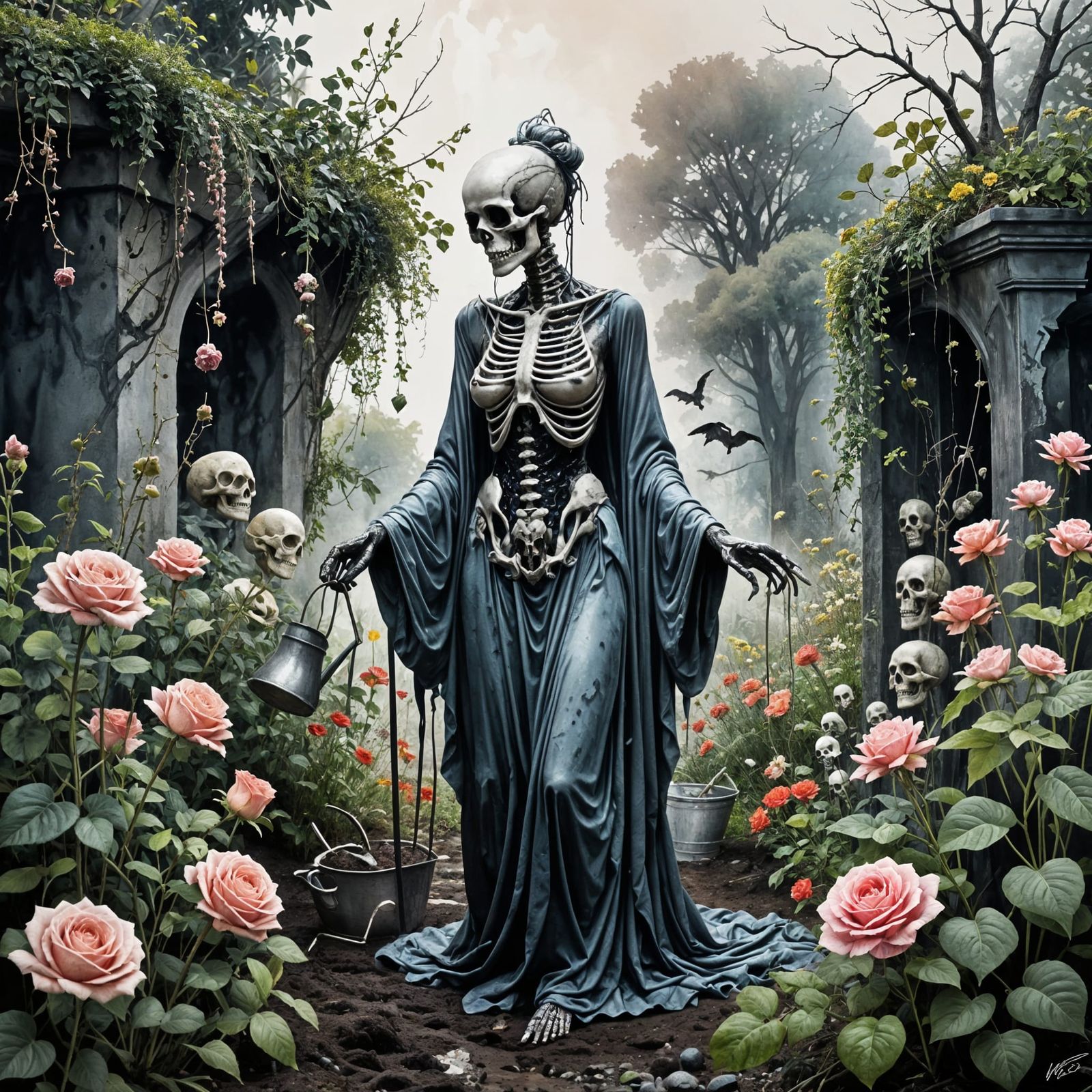 Androgynous Gardener Tends Bone Flowers in Watercolor