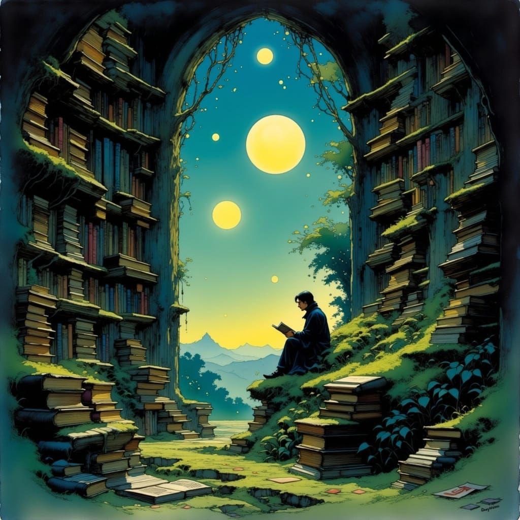 Enchanted Library With Glowing Runes and Two Moons