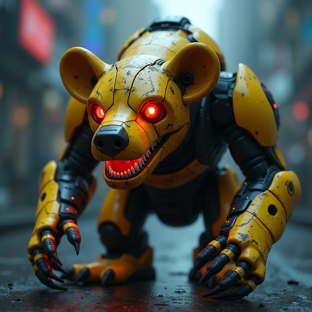 Futuristic Cyborg Bear in Dark Cityscape