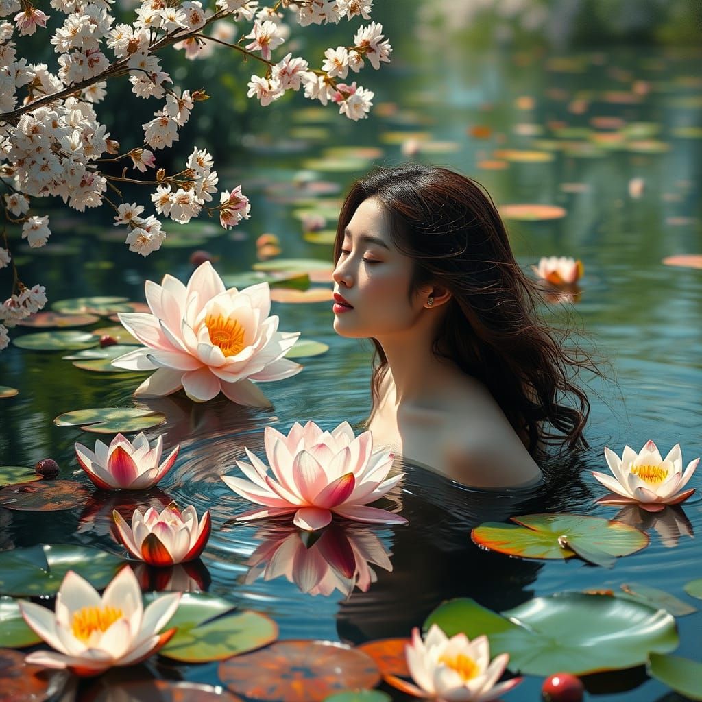 Ethereal Woman Surrounded by Vibrant Flowers in a Dreamy Imp...