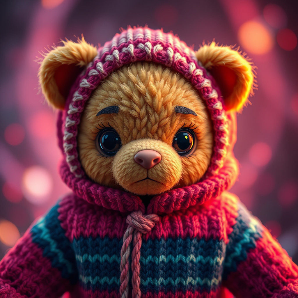 Plush Toy Portrait in Knitted Outfit: 8K Concept Art