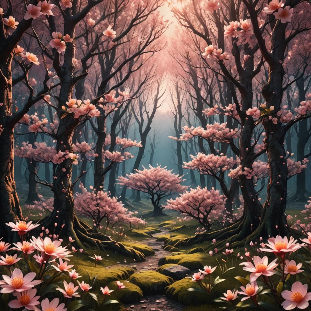 Symmetrical Forest Landscape with Peach Flowers