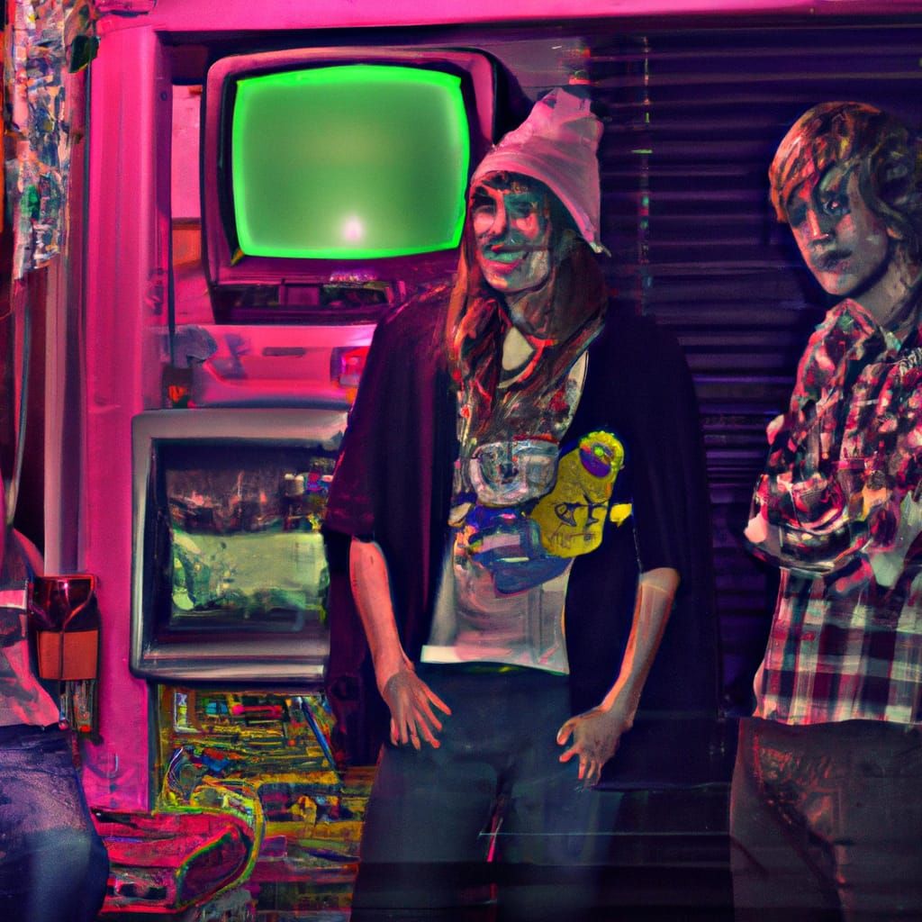 Cyberpunk Street Party with Distorted Girl and Strange Creat...