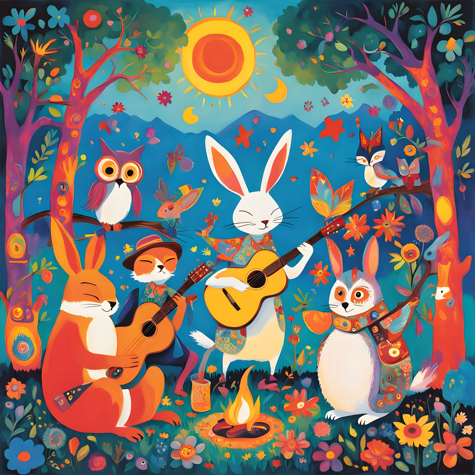 Psychedelic Forest Gathering in Whimsical Retro Style