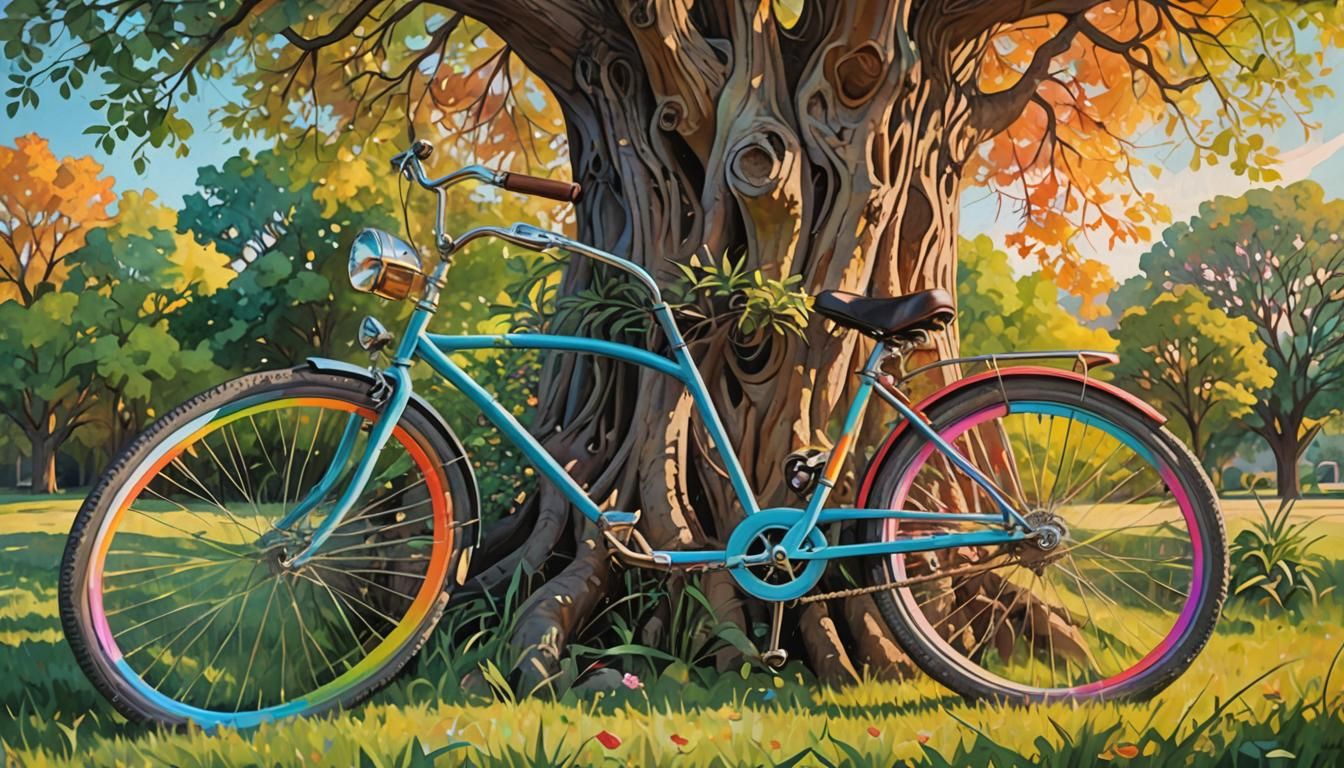 Rainbow Bicycle: Vibrant Abstract Art in Bohemian Style