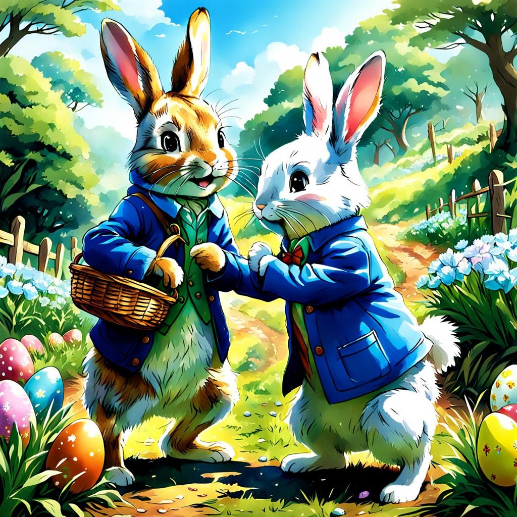 Peter Rabbit and Easter Bunny in Anime Style