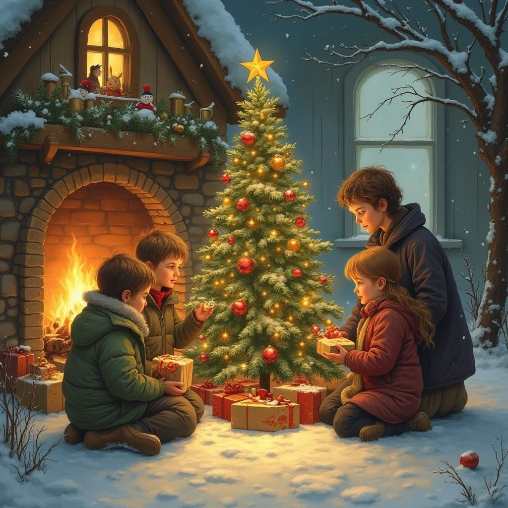 Cozy Family Christmas Gathering in a Snowy Cottage