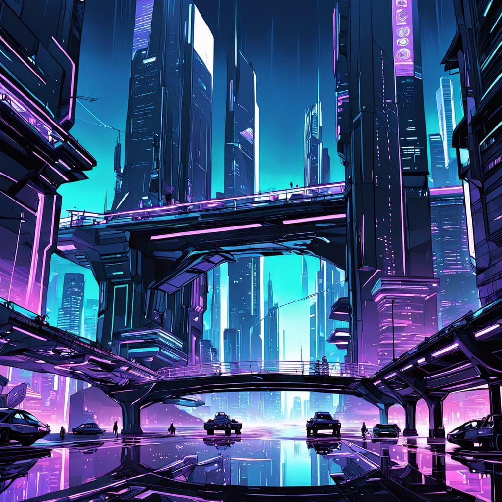Cyberpunk Bridge Connecting Floating Islands in a Futuristic...