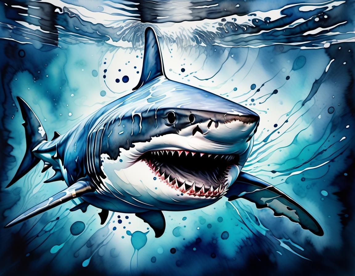 Great White Shark in Liquid Water, Watercolor Style