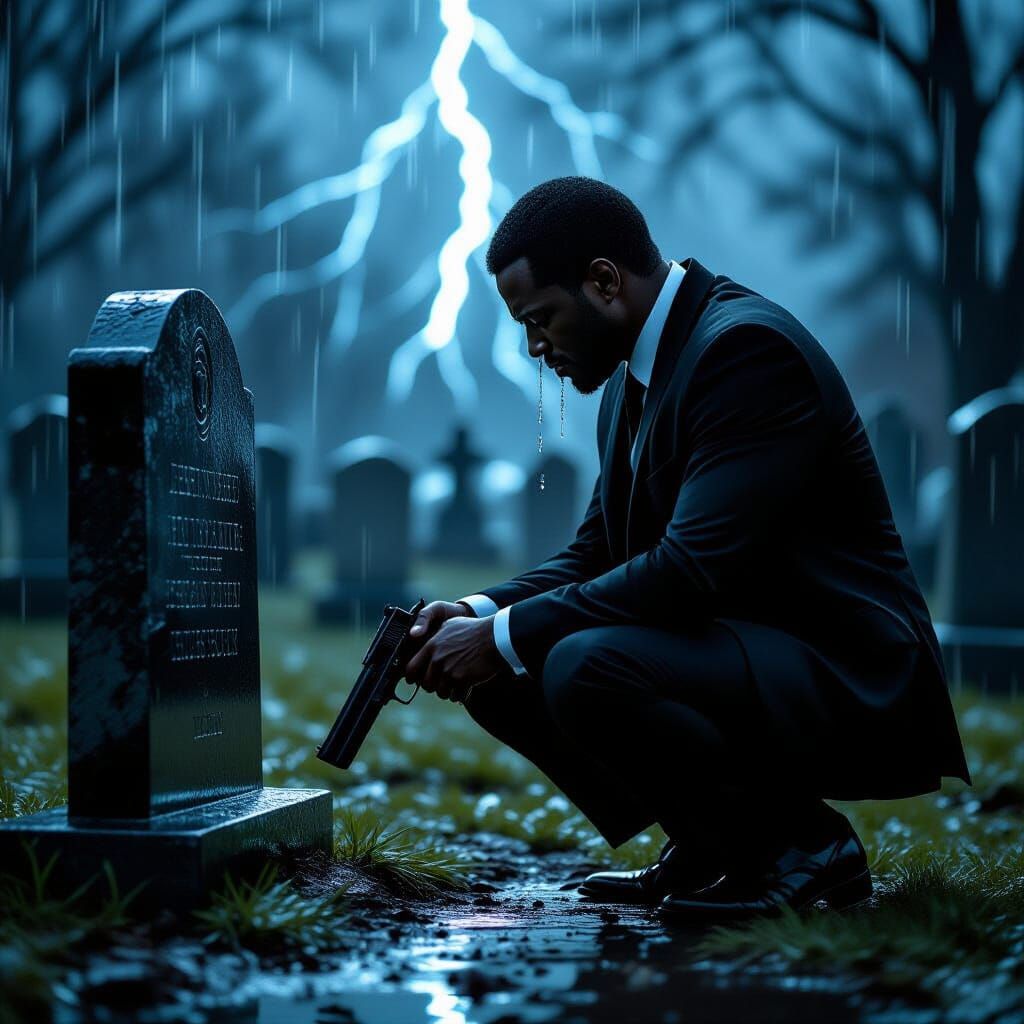 Man Mourns at Grave with Pistol in Cinematic Style
