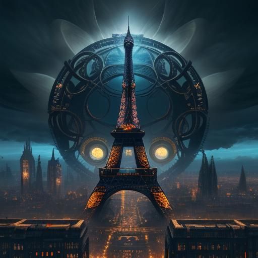 Eiffel Tower in Steampunk Cityscape Concept Art