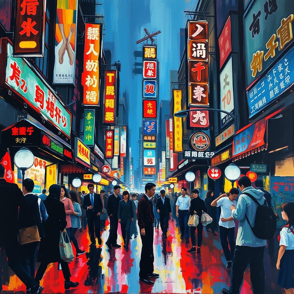 Tokyo Marketplace: Abstract Expressionist Painting with Neon...