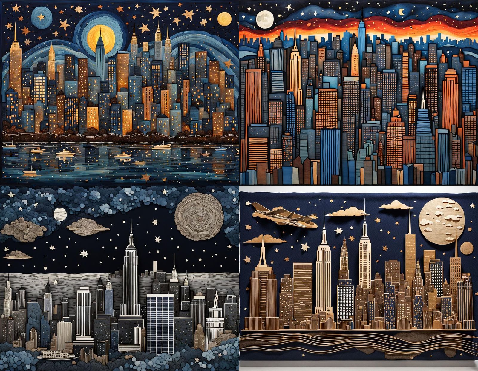New York Skyline at Night with Mixed Media Textures