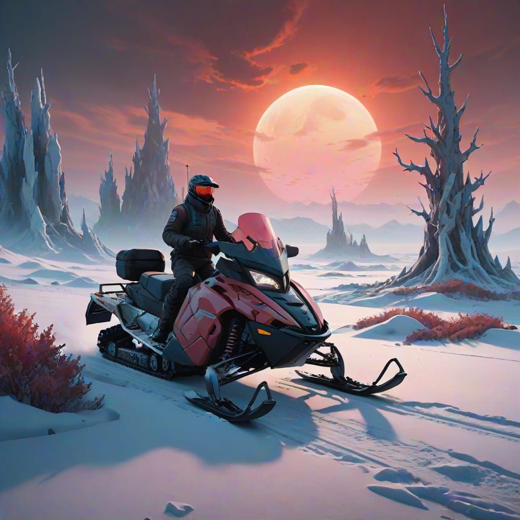 Surreal Snowmobile Speeds Across Frozen Wasteland Under Bloo...