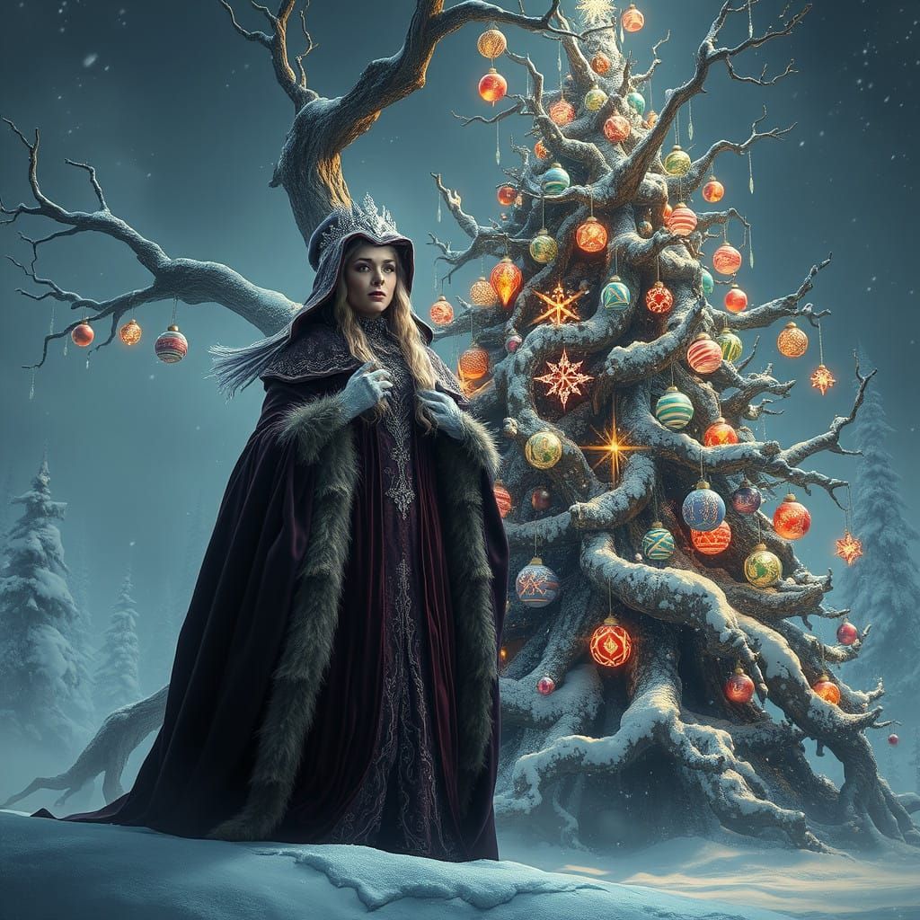 Majestic Christmas Witch Amidst Crystal-Encrusted Tree