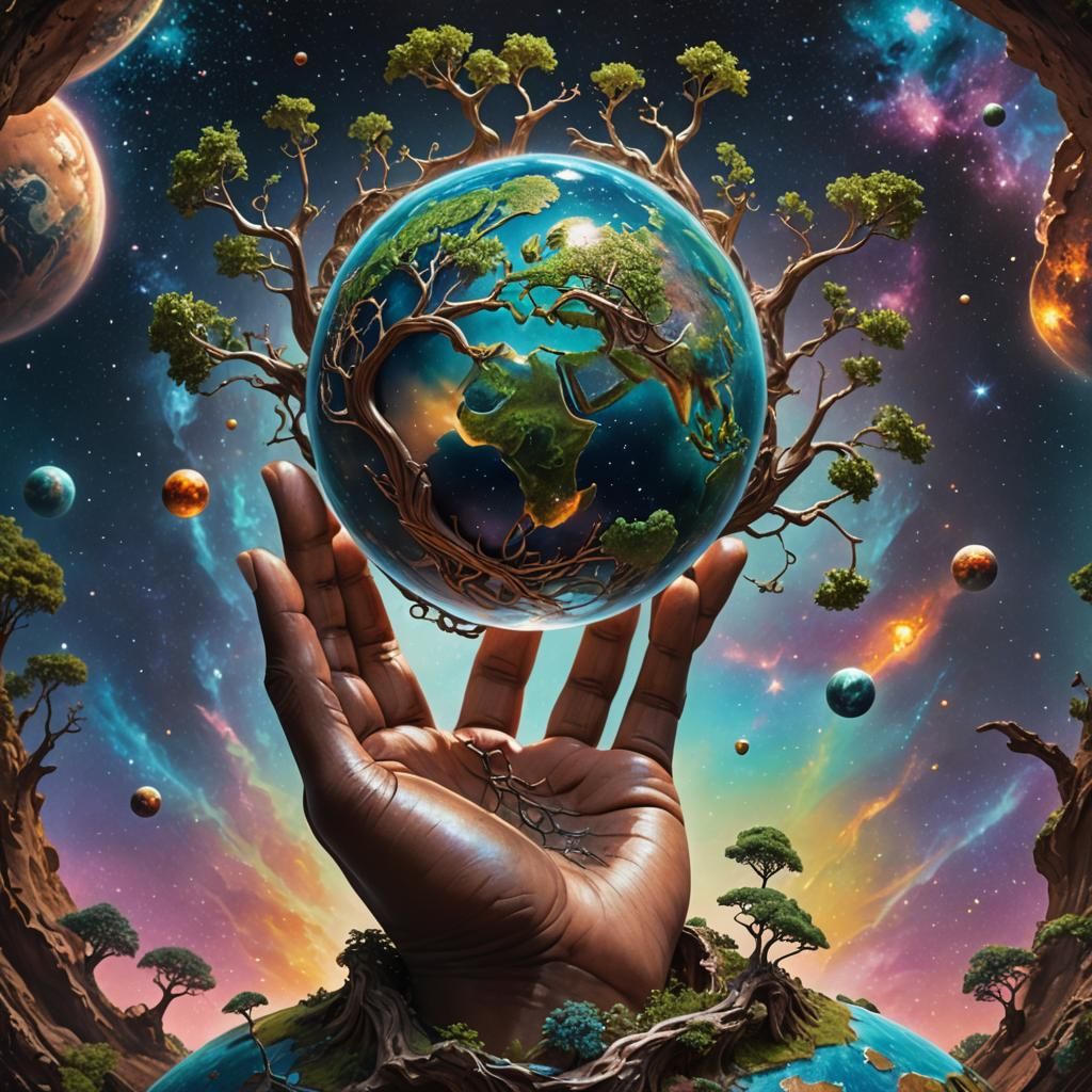 Tree of Life Statue in Cosmos: Hyperrealistic Art